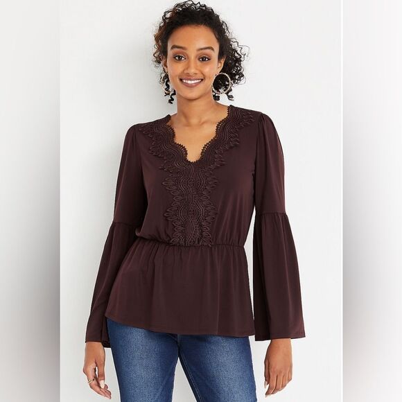 Maurices Crochet Kimono Bell‎ Sleeve Blouse Chocolate Brown Size Medium NWT! - Picture 1 of 8